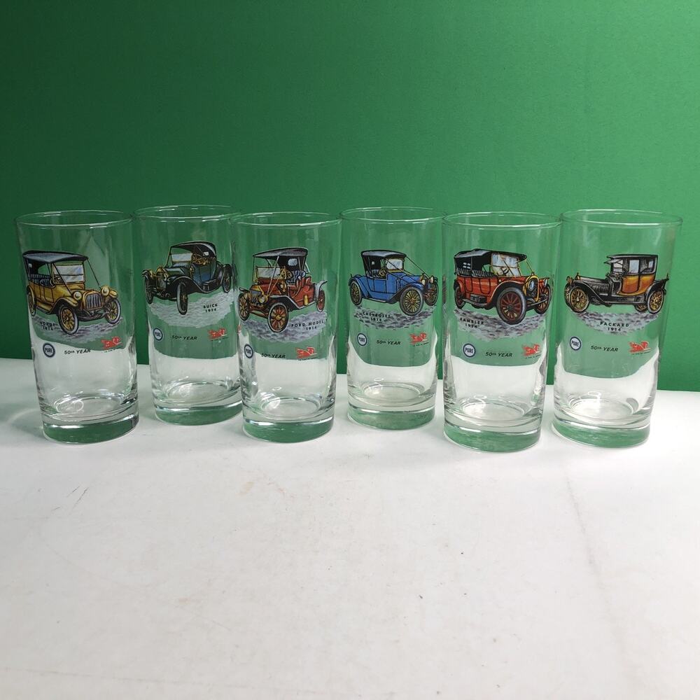 Set 6 Libbey PURE Oil Company 50th Year Glasses Tumblers Antique Classic Cars